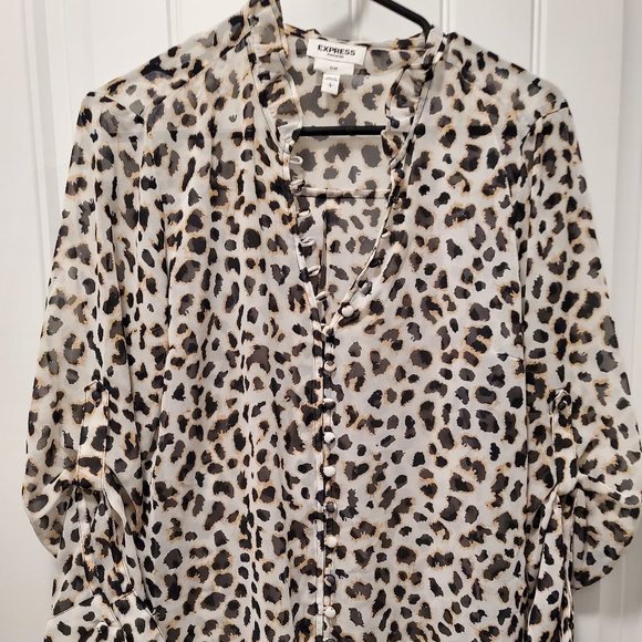 Express Tops - Express Portofino Slim Leopard Print Long Sleeve Sheer Blouse